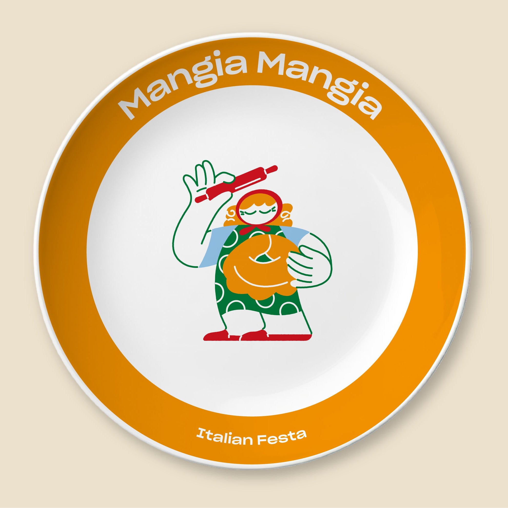 A round white plate with a wide orange ring and the words 'Mangia Mangia' at the top and 'Italian Festa' at the bottom, featuring a colorful cartoon character in the center on a beige background.