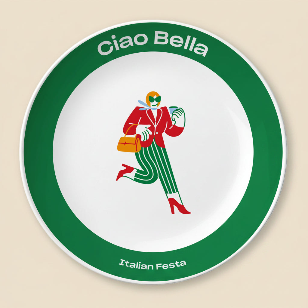 A round decorative plate featuring the text 'Ciao Bella' at the top and 'Italian Festa' at the bottom, with a central illustration of a woman in a red coat and green striped pants carrying a bag, set against a warm beige background.