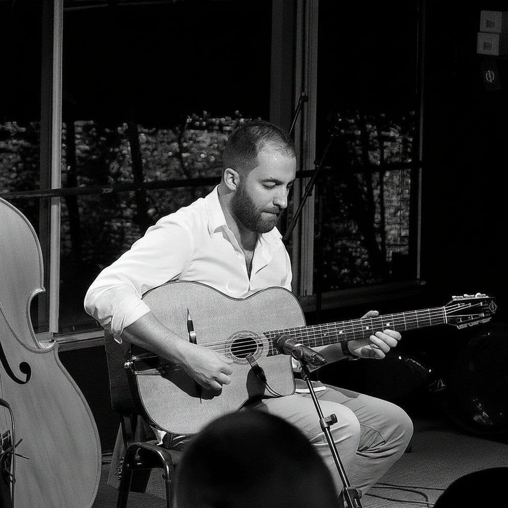 Three musicians performing live jazz on stage in a club setting, featuring two acoustic guitar players and an upright bassist, with a 'Jazz Club' sign visible in the background.