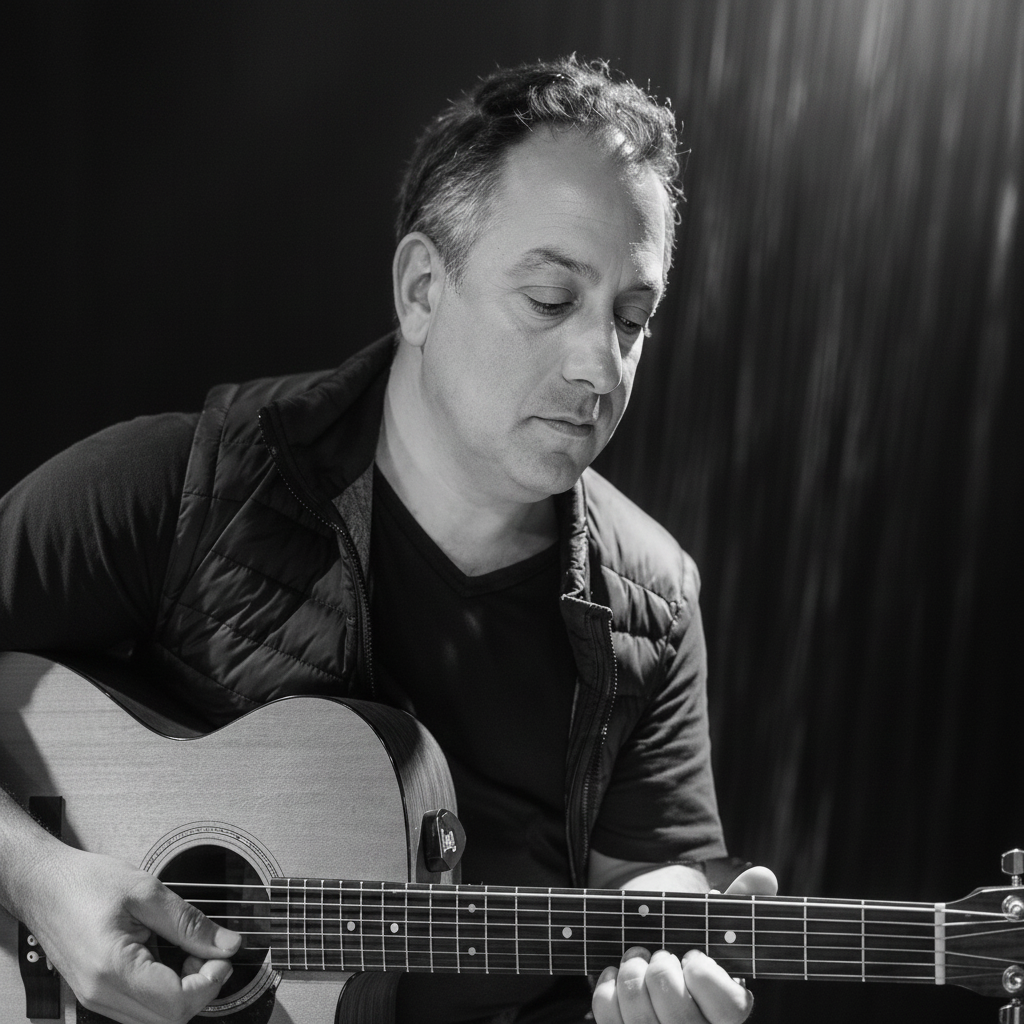 A man wearing a black quilted jacket and dark pants sits and plays an acoustic guitar under purple stage lighting against a dark curtain background.
