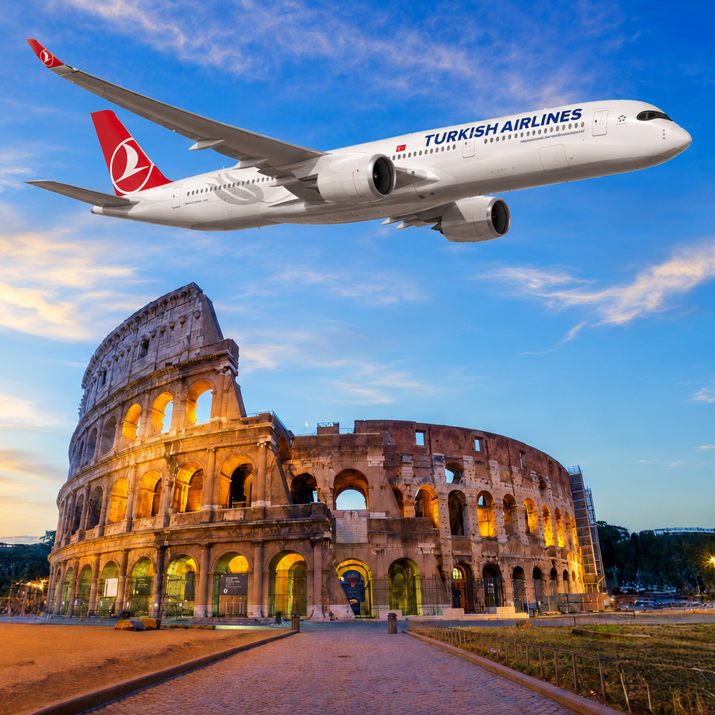 A Turkish Airlines passenger airplane flying above the Colosseum in Rome at sunset, with a blue sky and warm clouds in the background.
